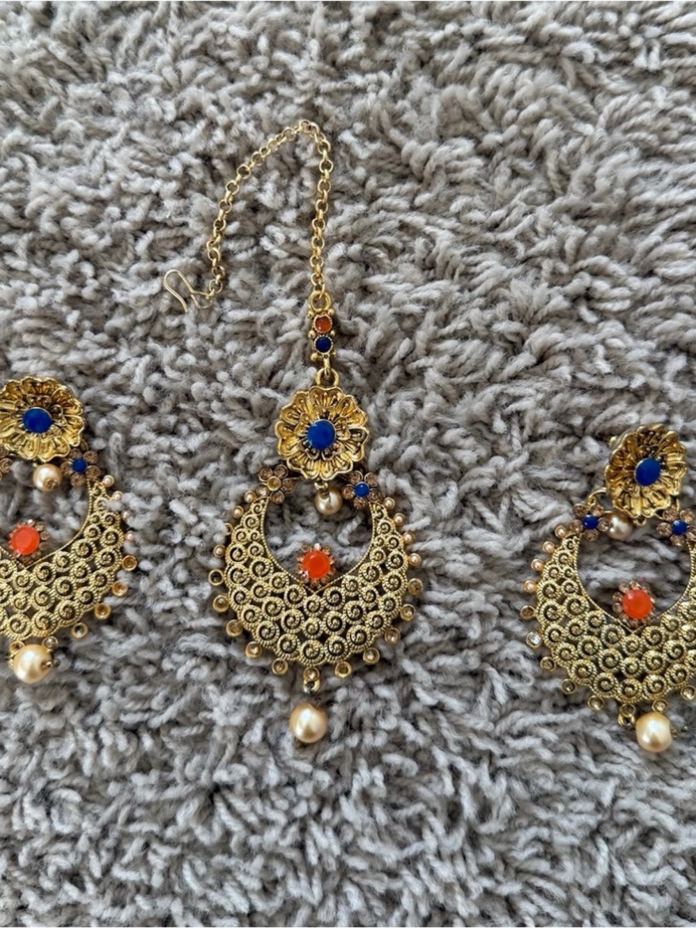 Gold-Tone Filigree Chandbali Earrings with Blue and Orange Accents